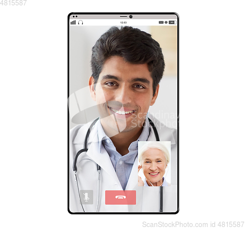 Image of video chat of doctor and old patient on smartphone