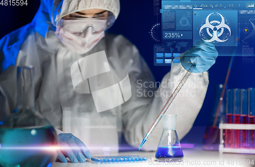 Image of close up of scientist making test in lab