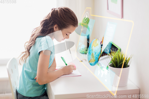 Image of girl with tablet pc learning geography at home