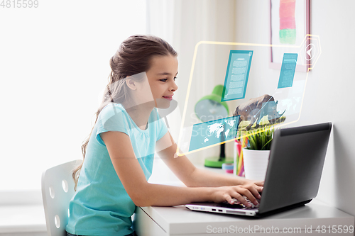 Image of girl with laptop learning nature online at home