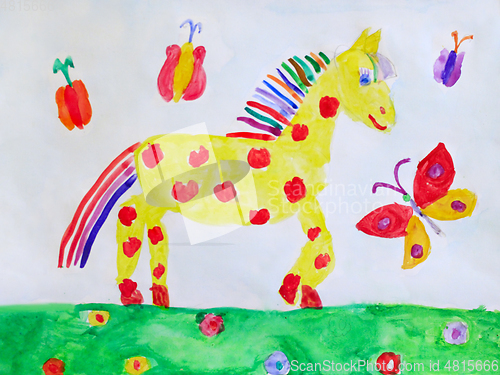 Image of childish drawing with jolly horse on the lawn