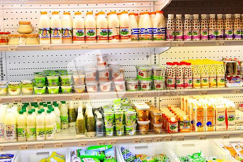 Image of yogurts milk and others dairy produce in the shop