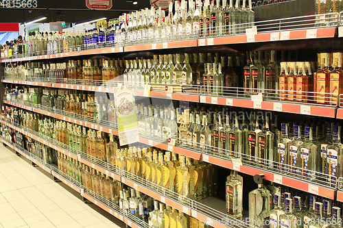 Image of vodka department in supermarket