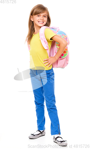 Image of Portrait of a cute little schoolgirl with backpack