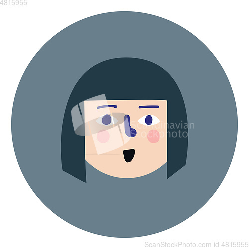 Image of Cartoon smiling girl vector illustration in grey circle on whiot