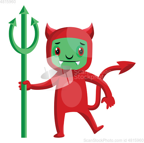 Image of Cartoon red devil with green face and trident vector illustratio