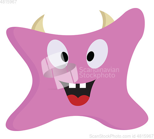 Image of Cute smiling pink monster with white horns vector illustration o