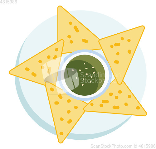 Image of A plate full of nachos served with guacamole dip vector color dr