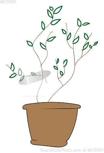 Image of Line art of an earthen pot with green leaves vector or color ill