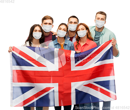 Image of people in medical masks with british flag