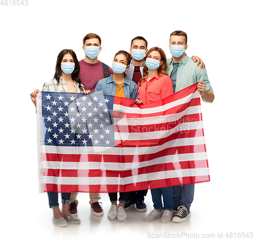 Image of people in medical masks with American flag