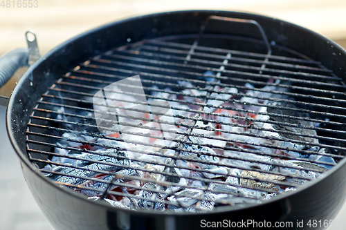 Image of charcoal smoldering in brazier outdoors