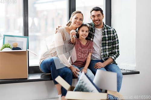 Image of happy family with house keys moving to new home