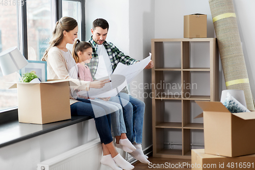 Image of happy family with blueprint moving to new home