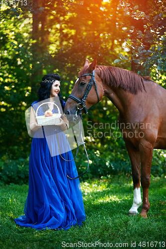 Image of beautiful girl in dress with horse