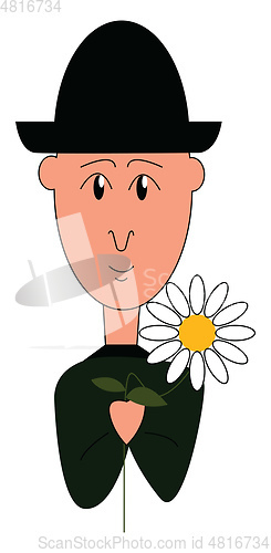 Image of A boy in black holding a flower vector or color illustration