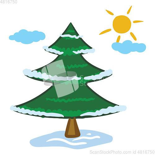 Image of Clipart of a spruce tree and a rising sun on the winter season/ 