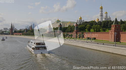 Image of Sunny summer day moscow river bay kremlin panorama