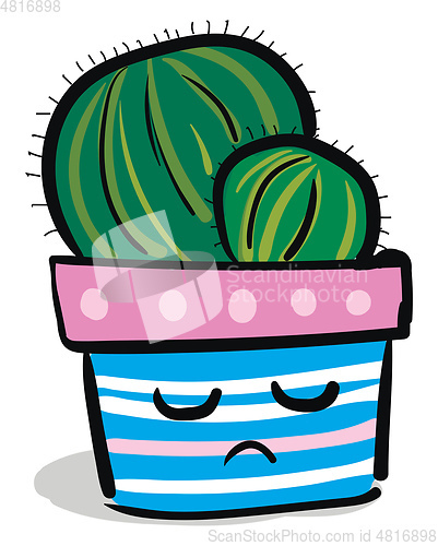 Image of Cactus plant in a blue striped flower pot with sad face vector c