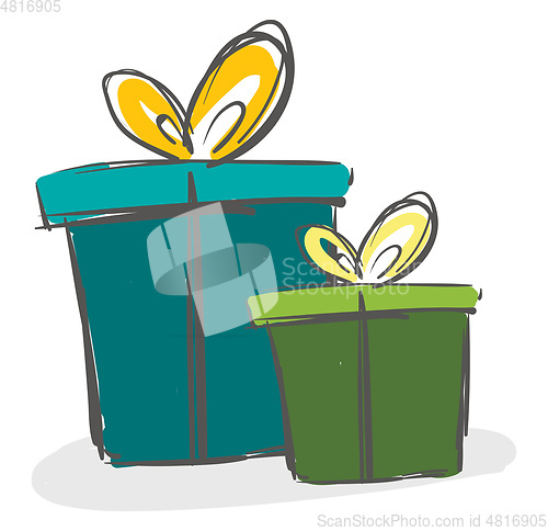 Image of Two beautiful blue and green present boxes tied with ribbons and