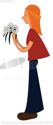 Image of Blonde girl holding a flower, vector color illustration.