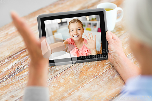 Image of grandmother having video call with granddaughter