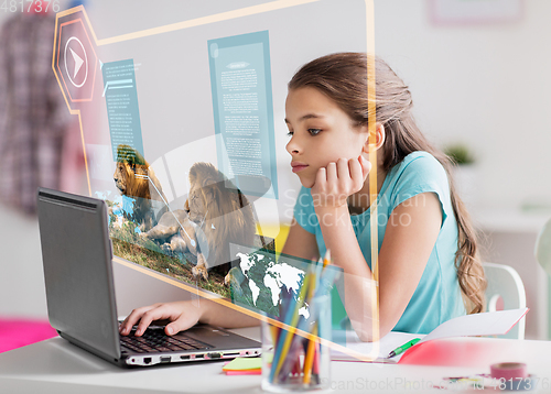 Image of girl with laptop learning nature online at home