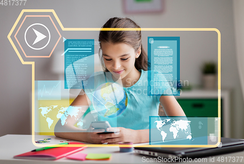 Image of girl with smartphone learning geography at home