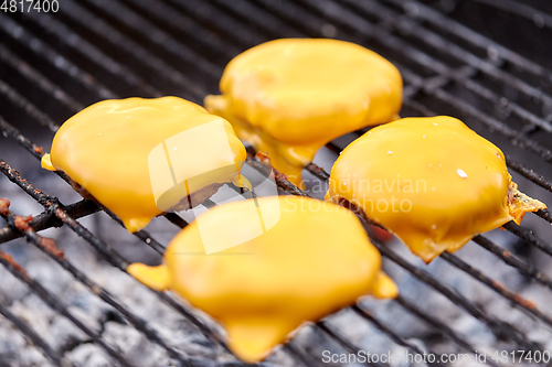 Image of close up of meat cutlet with cheese on grill