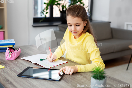 Image of student girl with tablet pc notebook at home