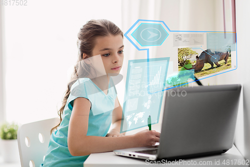 Image of girl with laptop learning nature online at home