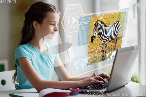 Image of girl with laptop learning nature online at home