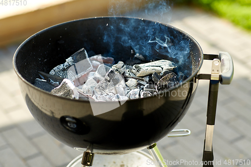 Image of charcoal smoldering in brazier outdoors