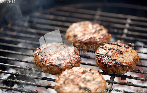 Image of close up of meat cutlets roasting on grill