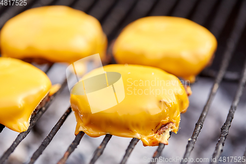 Image of close up of meat cutlet with cheese on grill