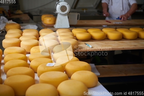 Image of Cheese factory production shelves with aging old cheese