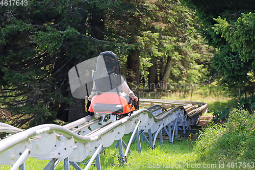 Image of Little boy enjoying a summer fun roller alpine coaster ride