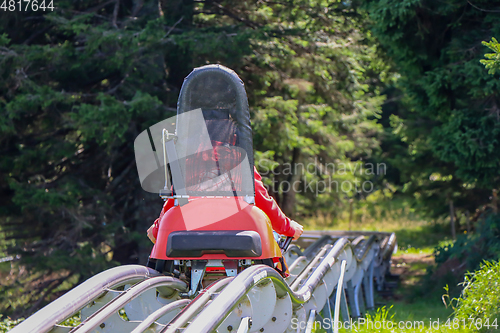 Image of Little boy enjoying a summer fun roller alpine coaster ride