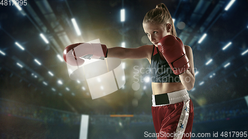 Image of Young female kickboxing fighter training in the gym