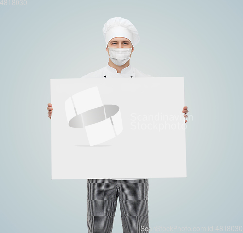 Image of male chef in face mask with white billboard