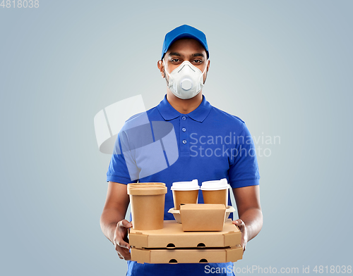 Image of delivery man in respirator mask with takeout food