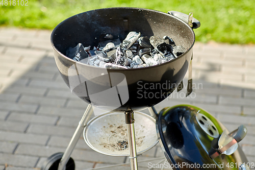 Image of charcoal smoldering in brazier outdoors