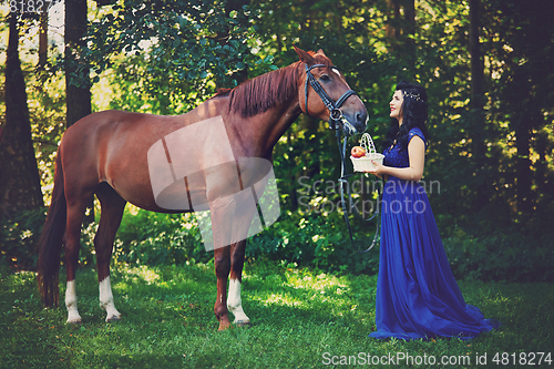 Image of beautiful girl in dress with horse