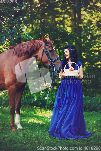 Image of beautiful girl in dress with horse