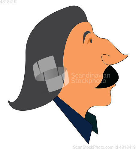 Image of A man wearing a blue shirt with a thick mustache and long grey h