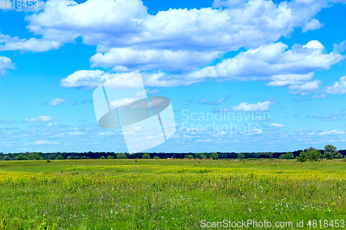 Image of summer meadow and blue sky with white clouds.