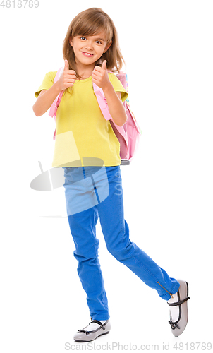 Image of Little schoolgirl with a backpack