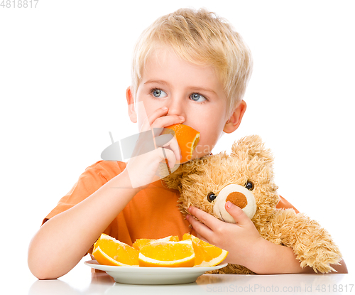 Image of Portrait of a little boy with his teddy bear