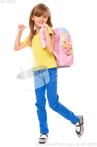 Image of Portrait of a cute little schoolgirl with backpack