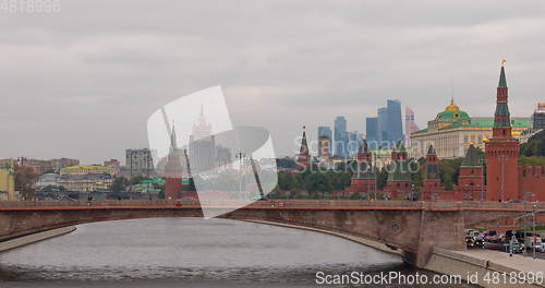 Image of Sunny summer day moscow river bay kremlin.